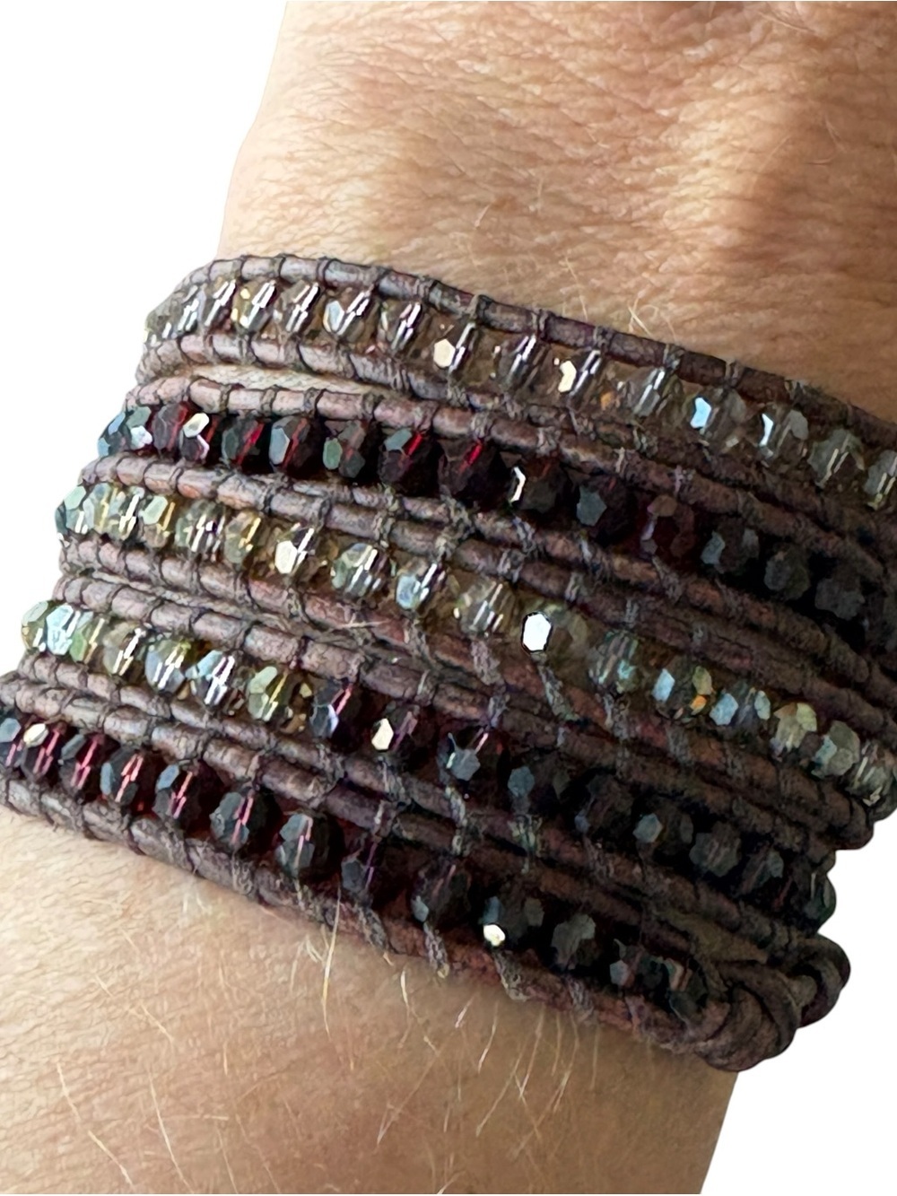 Chan Luu 925 Silver Beaded Red Grey Crystal Leather 5 Wrap Bracelet - Picture 5 of 7